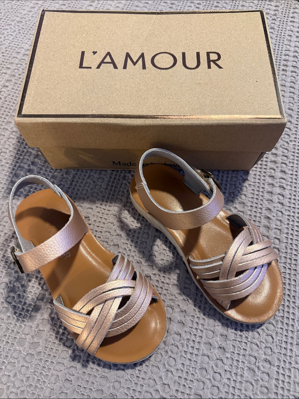 L'Amour Metallic Rose Gold Braided Girls' Sandals